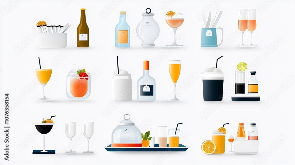 Aufkleber Catering Essentials Icon Set Featuring Beverages Cloche Tray and Elegant Dining Table Setup in Style  Includes Icons for Food Service Restaurant Hotel and Hospitality Industry