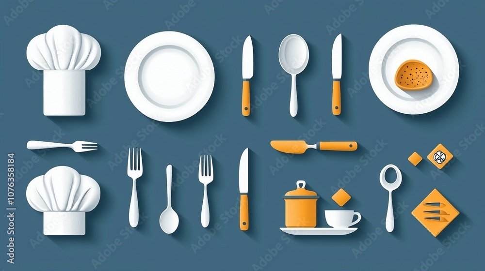 Aufkleber depicting a collection of tableware icons and accessories for a restaurant setting including a plate fork knife spoon cloche and chef hat showcasing the essential elements for dining and food service