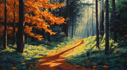 Fototapeta premium Warm Sunlight Illuminating a Winding Forest Path in Autumn