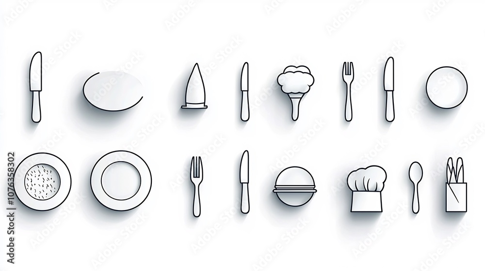 Fototapete clean featuring a set of icons representing catering service elements such as a waiter plate fork kn