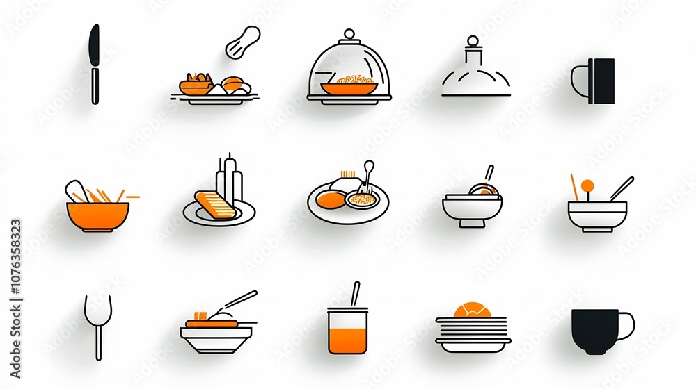 Poster thin line icon set depicting a variety of elegant restaurant and catering items including cloche foo