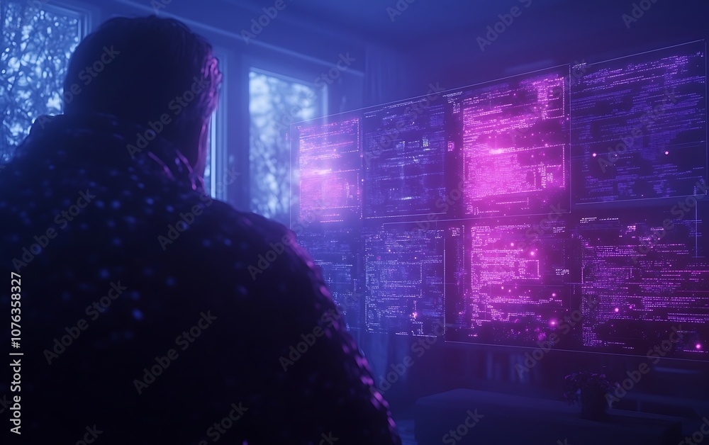 Poster A figure stands before vibrant, glowing screens in a dimly lit room, creating an atmosphere of technology and intrigue.