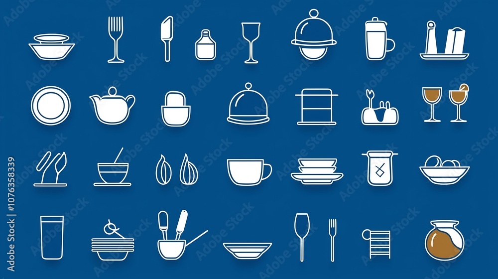 Poster sleek and minimalist depicting a set of restaurant and catering icons in a thin line style including