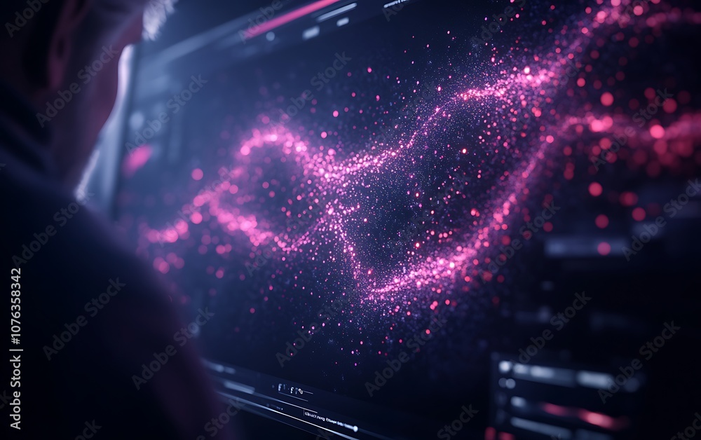 Poster A person observes vibrant, flowing data visualizations on a digital screen, showcasing dynamic patterns and glowing particles in pink tones.