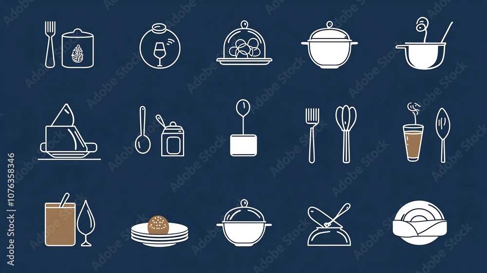 Poster Elegant and minimalistic depicting a set of thin line icons representing various restaurant and catering items including cloche food plates
