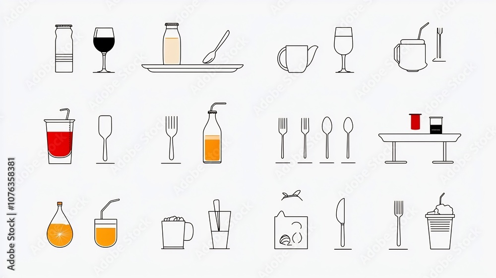 Poster collection of stylized icons representing essential elements of food service and catering including 