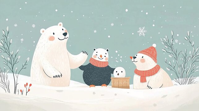 Illustrazione vettoriale di animali artici, come orsi polari, foche e pinguini con guanti, sciarpa e cappello giocano sulla neve