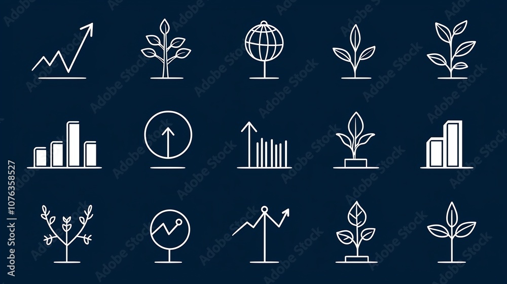 Poster This set of 15 simple and clean outline icons represents various growth and development concepts including upward arrows bar graphs and plant symbols  The editable can be used for business finance