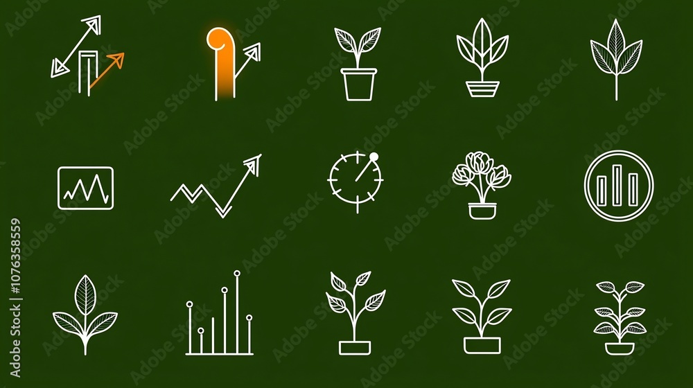 Fototapete set of 15 minimal and clean outline icons representing various growth concepts including upward tren