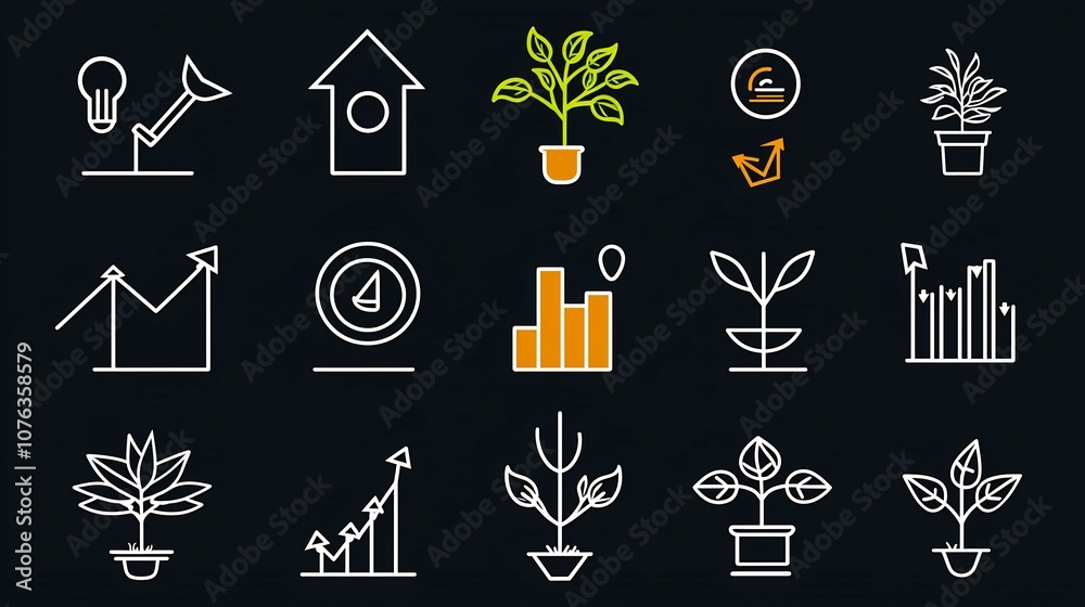 Poster Set of 15 outline icons illustrating various growth concepts including upward arrows bar graphs and plant symbols in a clean with editable stroke