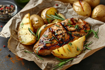 Grilled chicken breast with  rosemary potato wedges