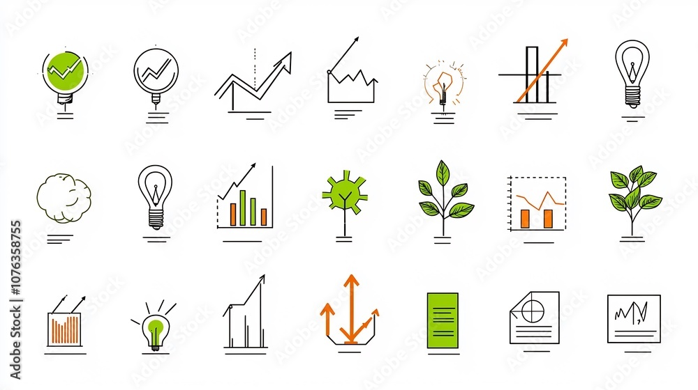 Fototapete Outline icon set featuring 15 visually compelling icons that represent various growth related concepts including milestones upward trends and financial growth