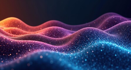 Apricot, pistachio, mauve, and royal blue colors create rolling patterns across a dark background, forming a serene, abstract gradient with undulating lines in Octane Render style.