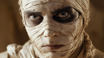 Klasyczna stylizacja mumii z bandażami o postarzałym wyglądzie, które owinięte są wokół całego ciała.