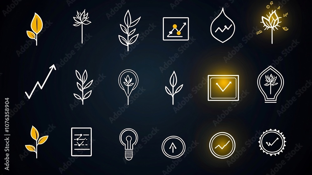 Poster Set of 15 growth icons in outline style featuring rising graph lines seedling symbols and achievement badges  Editable stroke ideal for infographics business analytics and progress visualization