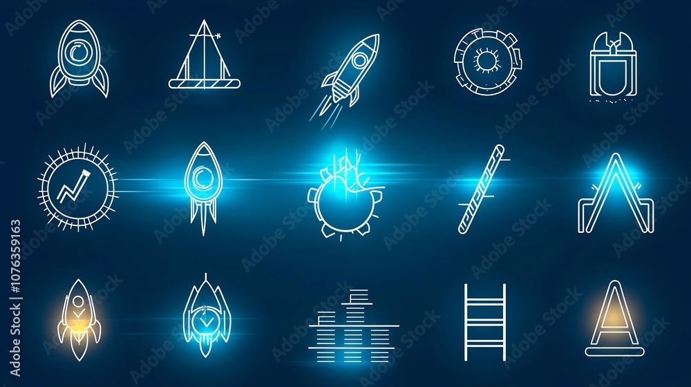 Poster Outline icon set featuring 15 symbols representing growth development and progress concepts including rocket icons ladder steps and progress bars