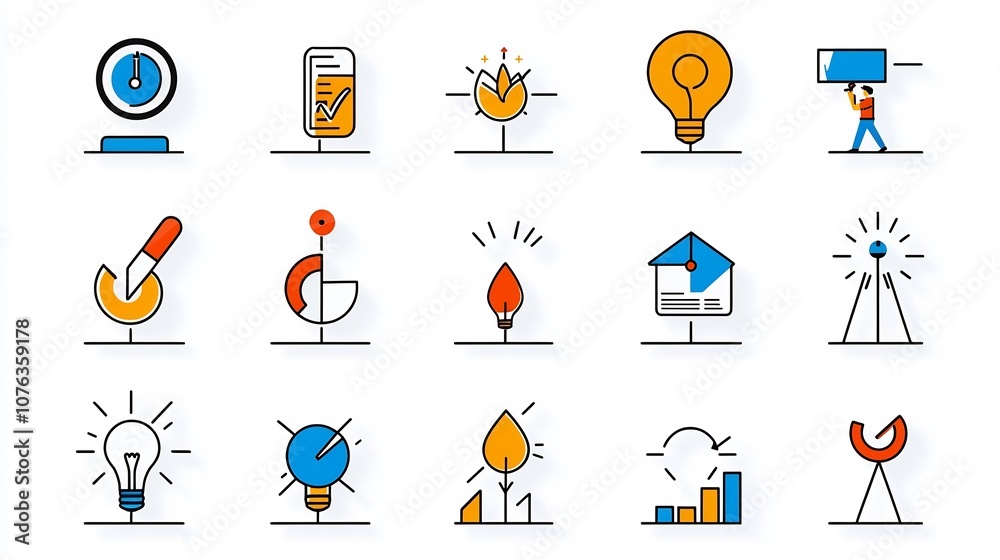 Fototapete collection of 15 minimalist outline style icons focusing on themes of career progression goal tracki
