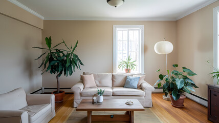 Fototapeta premium Cozy living room featuring a beige couch, wooden coffee table, and lush greenery, enhanced by natural light from large windows and a stylish ceiling lamp.