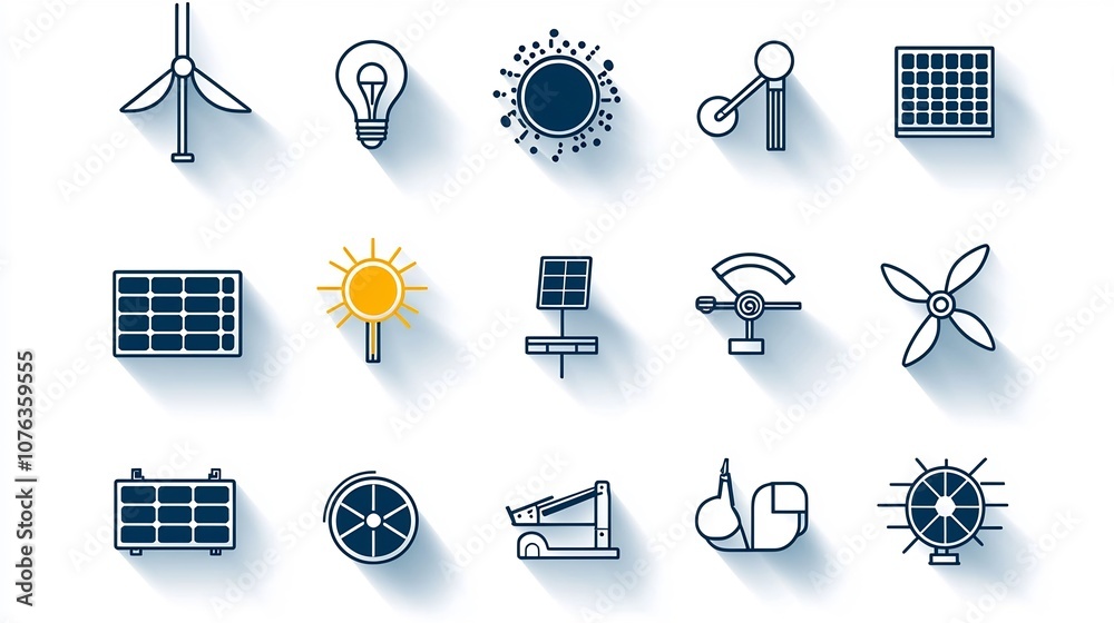 Poster comprehensive set of 15 linear icons showcasing various renewable solar energy systems sources and s