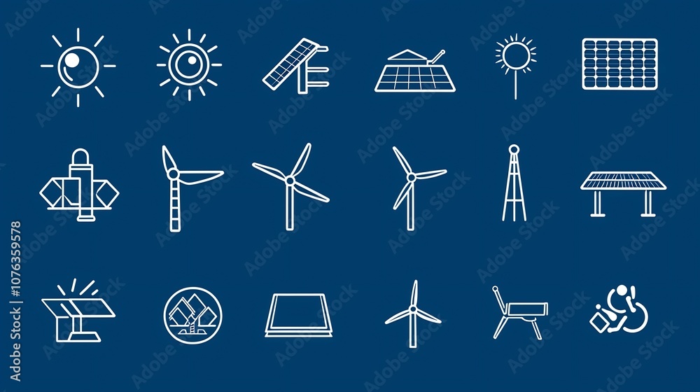 Poster collection of 15 linear icons representing solar energy systems with symbols for renewable energy so