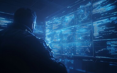 A figure sits before illuminated screens, surrounded by a blue digital haze, evoking themes of technology, data, and futuristic environments.