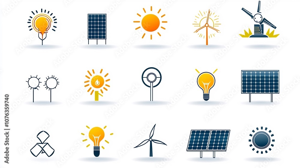 Poster set of 15 thin line icons for solar energy technology featuring symbols of energy transformation gre