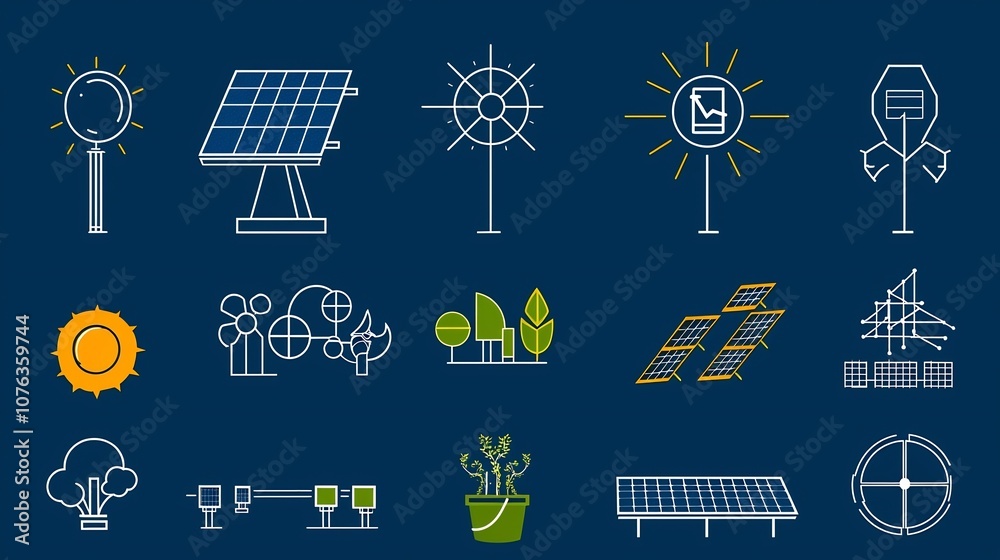 Poster Comprehensive set of 15 thin line icons highlighting the key elements of solar technology including energy transformation green energy solutions and photovoltaic symbols