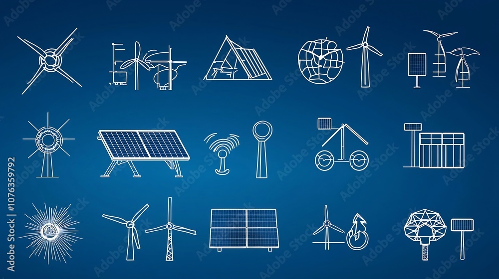 Poster Set of 15 thin line icons representing various solar technology renewable energy and green power concepts including energy transformation photovoltaic symbols and sustainable resource icons