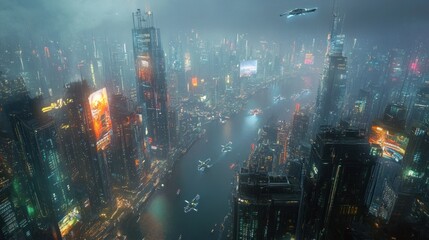 Fototapeta premium Futuristic Cityscape with Glowing Lights and Flying Vehicles