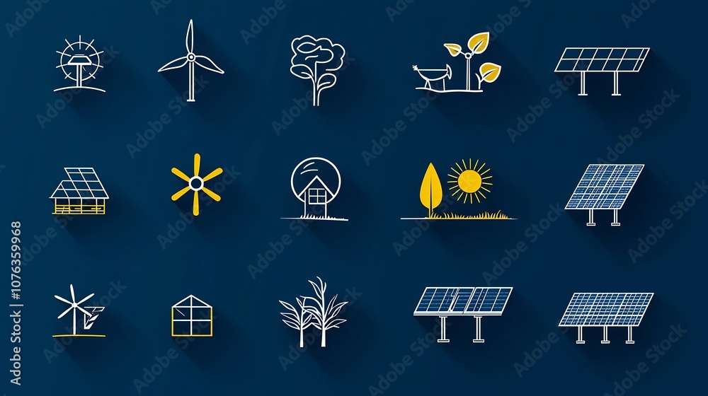 Poster comprehensive set of 15 icons representing various aspects of solar and renewable energy solutions i