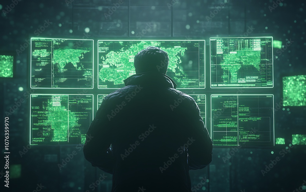 Aufkleber a figure silhouetted against glowing screens displaying digital maps and data, suggesting themes of 