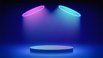 Futuristic blue stage, podium. Blue room with round podium pedestal illuminated by circular magenta blue neon, led halo. Background for displaying products, presentation. Backdrop. Showcase. Vector © valerybrozhinsky