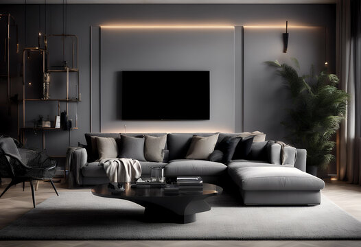 television home black fictional birg interior room decoration tv loft made living luxury window modern set sofa ai