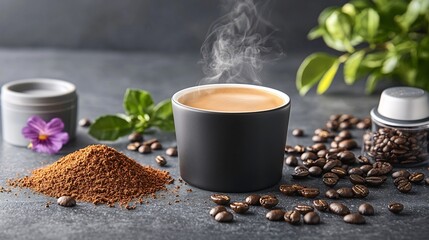 Naklejka premium image featuring a steaming black coffee cup with a dark moody background surrounded by whole coffee beans and ground coffee evoking a rich robust flavor and aroma
