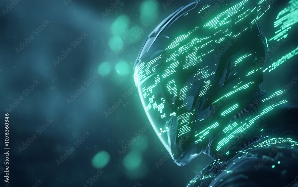Leinwandbilder A futuristic, glowing figure with green digital patterns, evoking themes of technology and artificial intelligence against a dark backdrop.