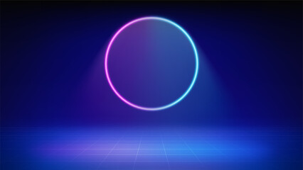 Futuristic stage blue background. Room illuminated by circular pink blue neon, modern led halo spotlight, grid floor. Backdrop for displaying products, presentation, advertising. Showcase. Vector