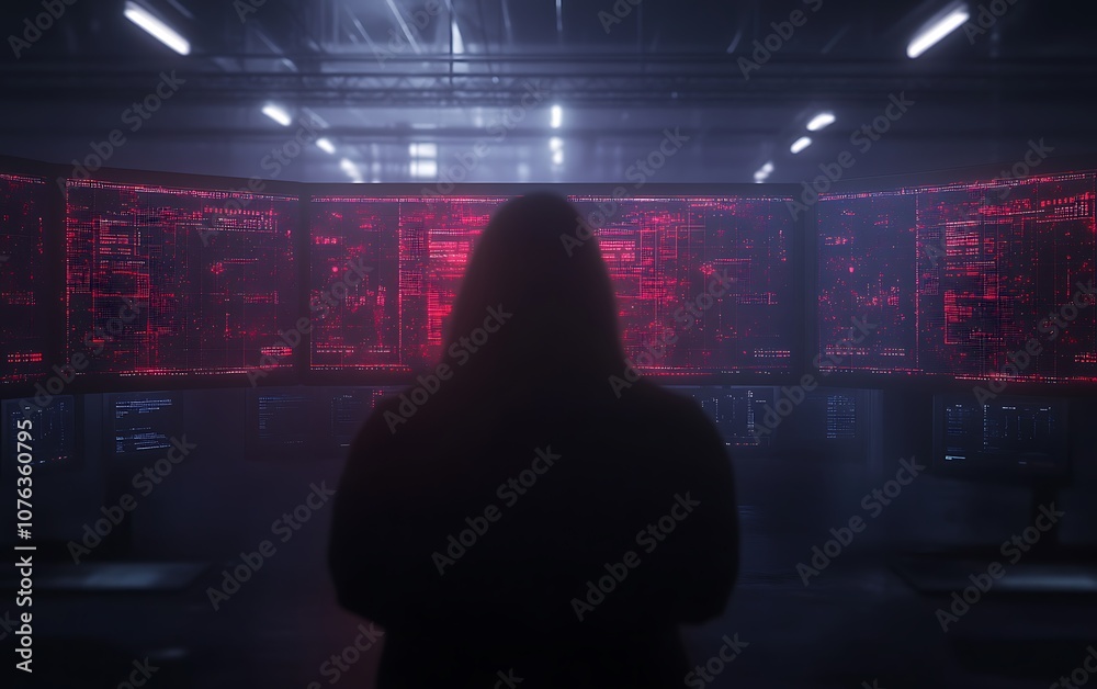 Leinwandbilder A shadowy figure stands before a high-tech screen displaying vibrant red data, immersed in a futuristic environment.