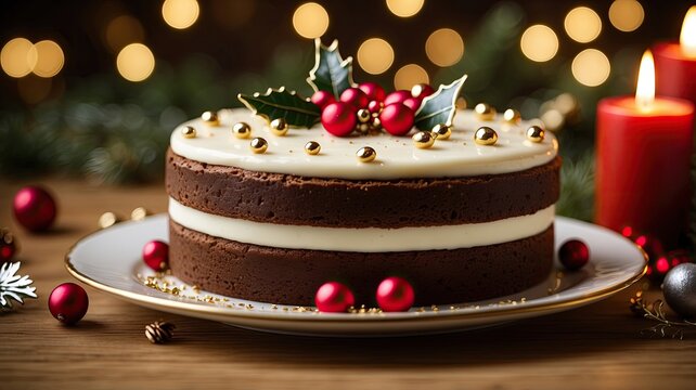 christmas cake and slice with egg nog holly