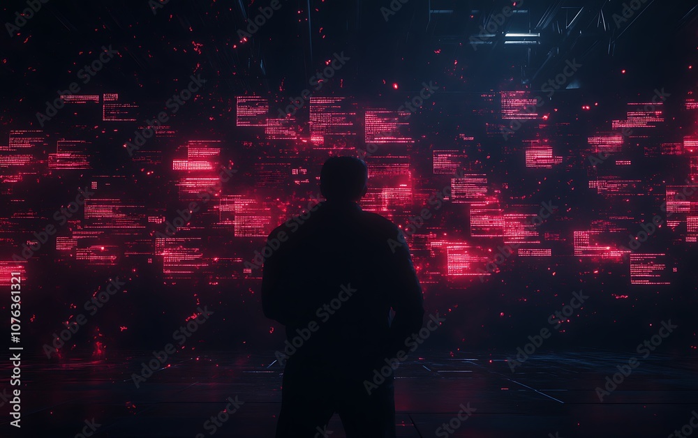 Leinwandbilder A figure stands in front of a futuristic display with vibrant red and dark hues, creating an immersive tech-inspired atmosphere.