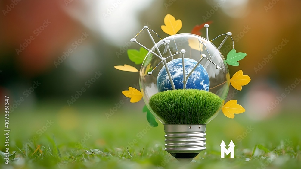 Aufkleber close up image of a decorative bulb featuring a mini earth covered in grass detailed power structure