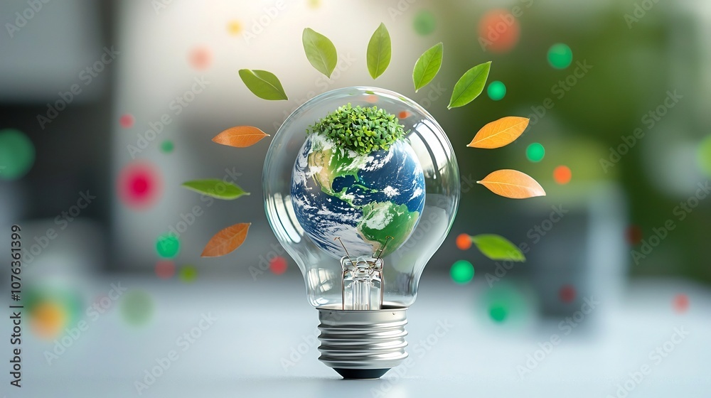 Poster close up of an energy efficient transparent light bulb design featuring a miniature earth covered in