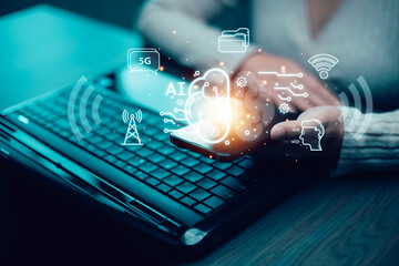 Programmer people working laptops or smartphones with AI, artificial intelligence software engineer coding on laptop computers with technology icons and binary code, big data, Ai bot digital machine