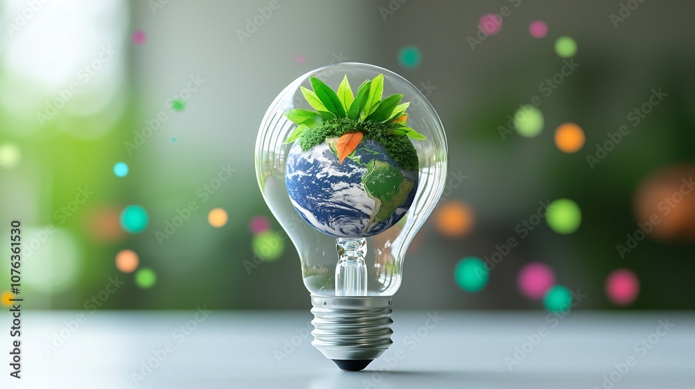 Aufkleber Closeup of an environmentally friendly light bulb with a transparent design featuring a tiny Earth covered in lush greenery inside  Delicate power structures radiate outward like leaves