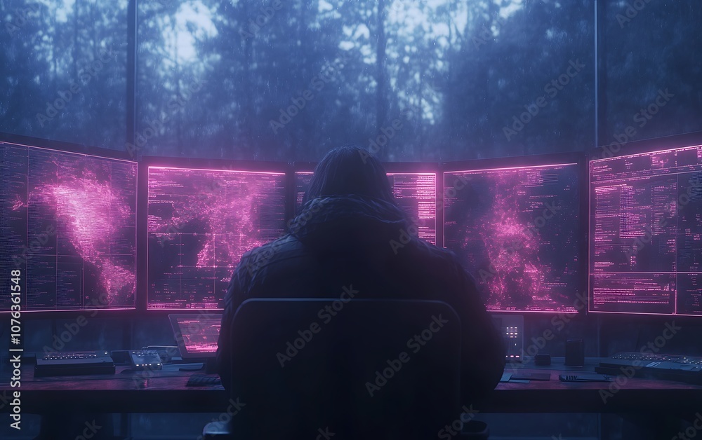 Aufkleber A person sits before multiple screens displaying vibrant digital data in a misty forest setting, creating a futuristic and immersive atmosphere.