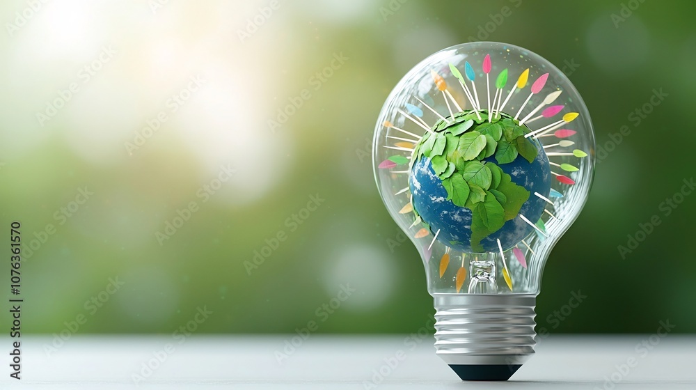 Poster Close up of a unique eco themed light bulb containing a tiny textured green Earth globe with leaf inspired patterns representing sustainable and renewable energy sources