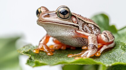 Obraz premium A close-up view of a frog perched on a green leaf, showcasing its intricate details and vibrant colors.