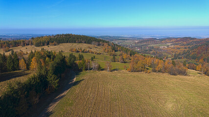 Fototapeta premium Mountains covered with colorful autumn trees, autumn mountain aerial landscape. Drone view