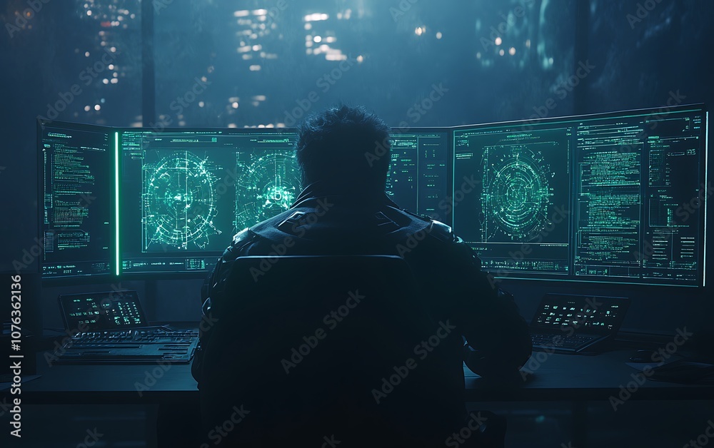 Poster a silhouette of a person working at multiple glowing screens, surrounded by a dark, futuristic envir
