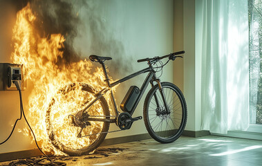 An electric bicycle is engulfed in flames while charging indoors, highlighting potential fire hazards and safety concerns associated with electric vehicles.