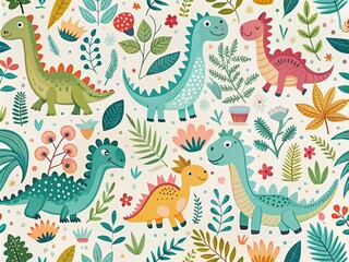 Adorable Jurassic-Themed Textile Design Featuring Playful Dinosaurs and Lush Plants for Baby Apparel and Nursery Decor
